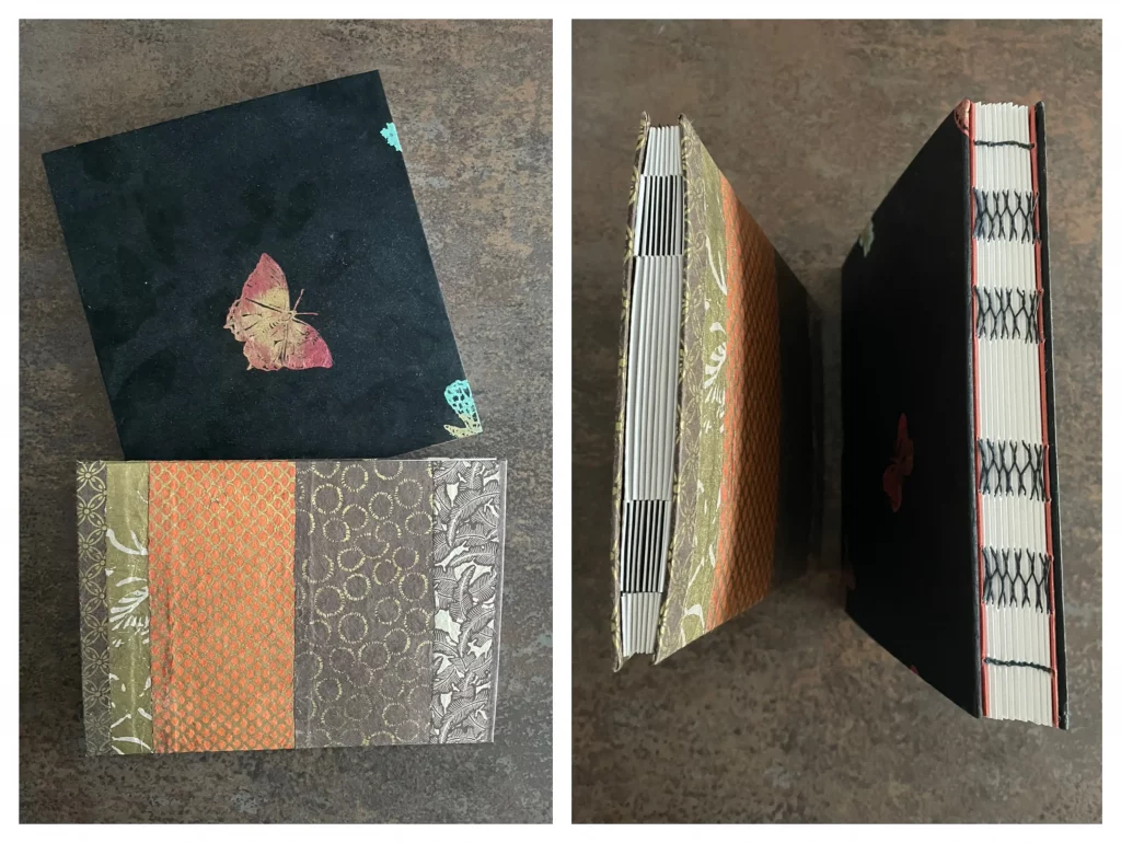 zwei Buchbindetechniken: Steckbindung und französische Kreuzstichbindung